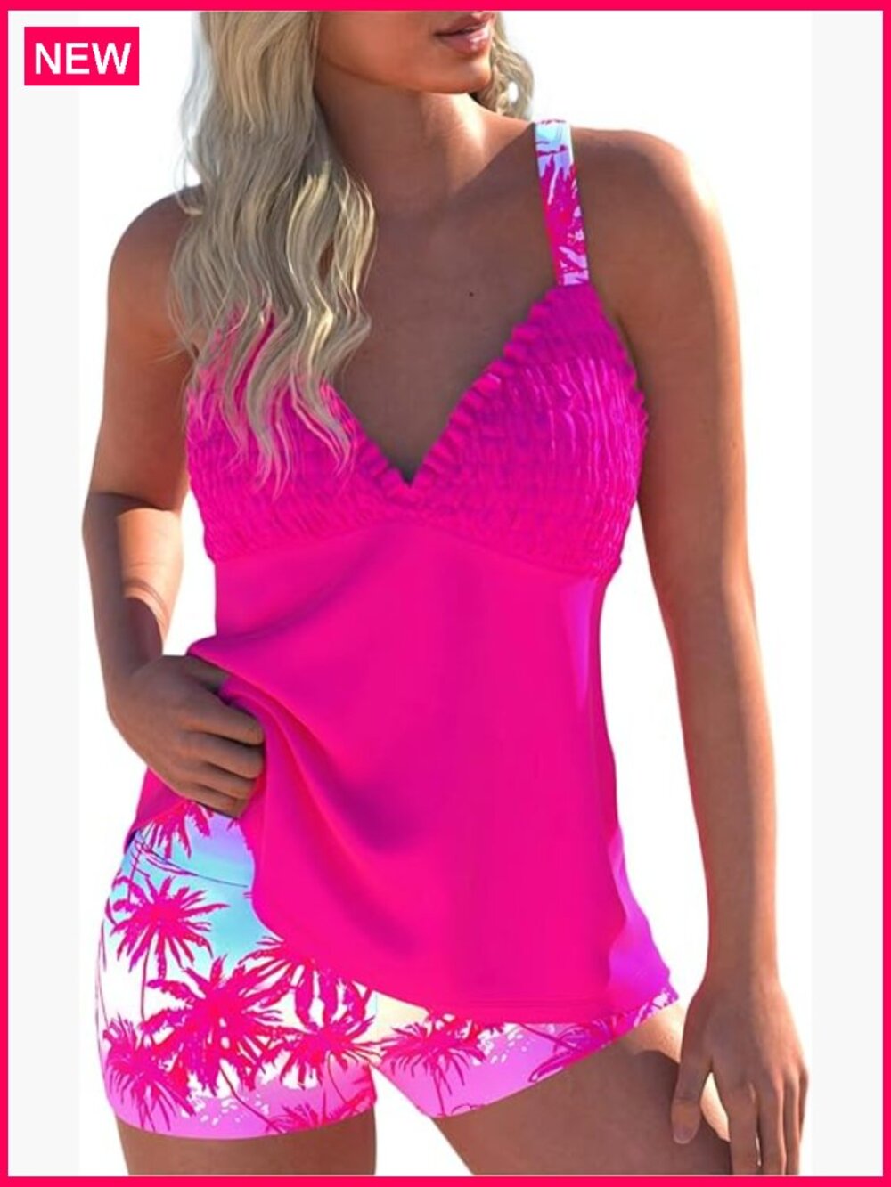 Two-Piece Tankini Set with Board Shorts Smocked Tummy Control Swimsuit